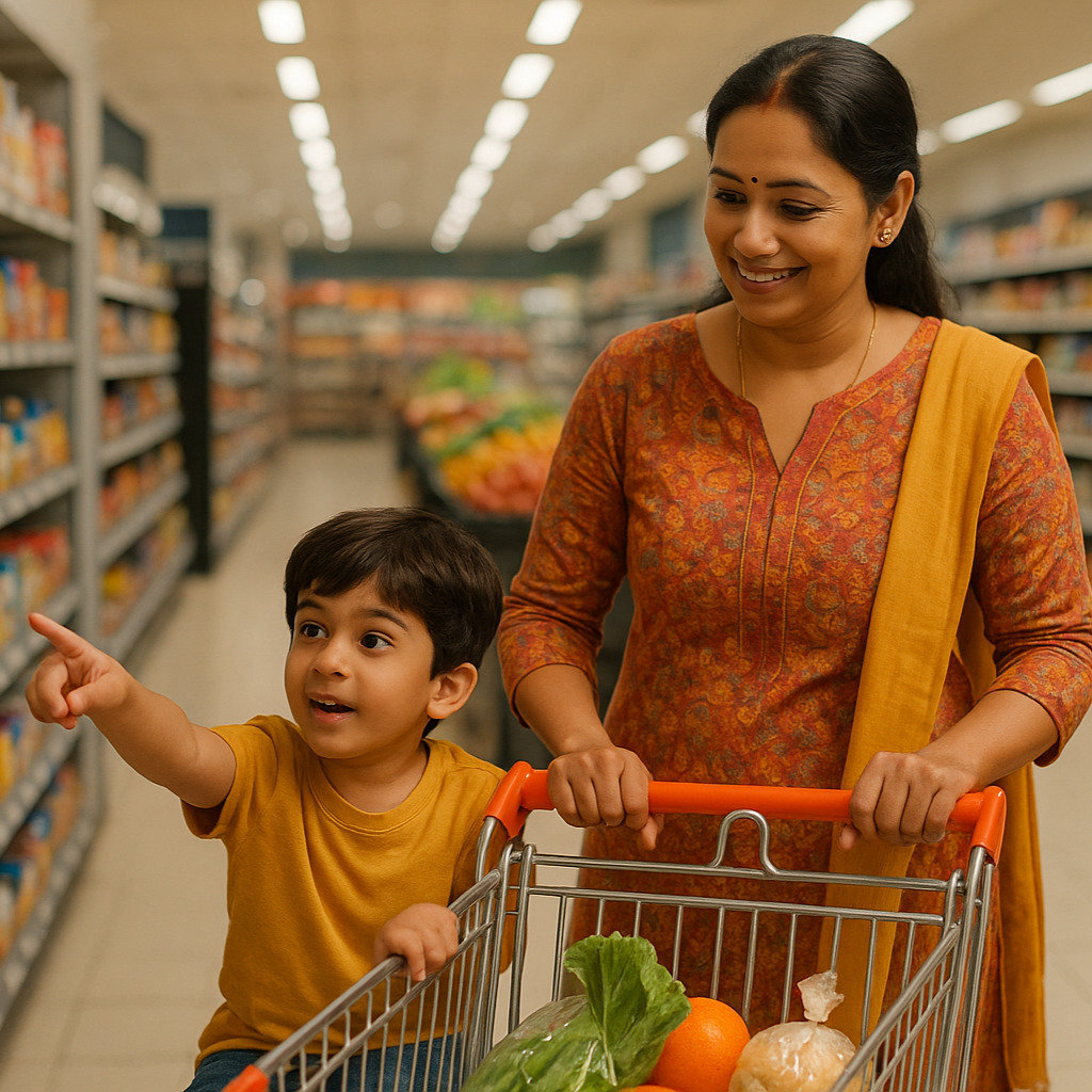 indian women with her child shopping at a grocery store